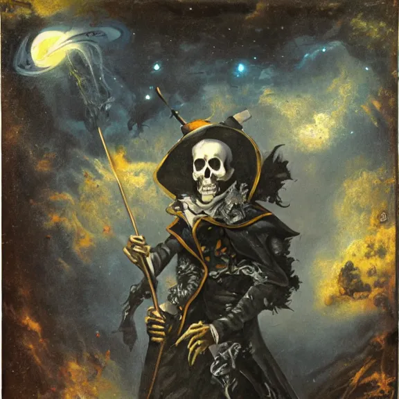 Image similar to grim-hatter, skull cane, voodoo ritual gear, matte painting art from goya and pirner, cursed oil painting, cosmic nebula color tones