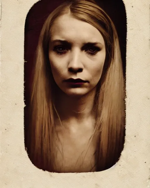 Prompt: an instant photo of a beautiful but sinister woman in layers of fear, with haunted eyes and matted blonde hair, 1 9 7 0 s, seventies, delicate embellishments, a little blood, crimson, painterly, offset printing technique, mary jane ansell