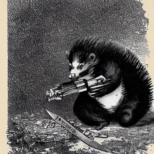 Image similar to a threatening skunk wielding a switchblade. Detailed 1865 Illustration by John Tenniel.