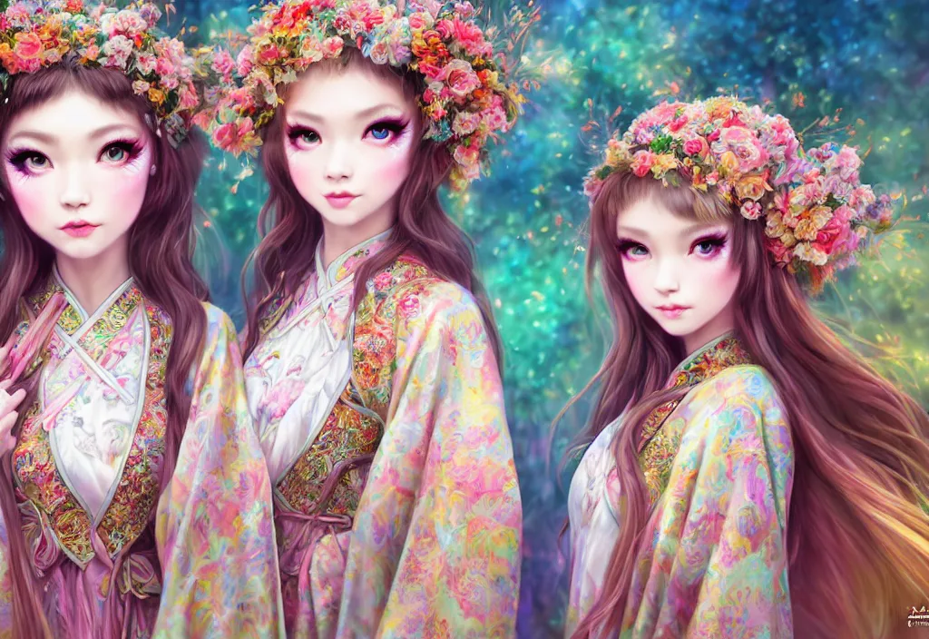 Image similar to two beautiful fashion siberian girls wear fantasy kimono in festival | | big eyes, sunny, dreamlike art, realistic shaded, smile, good looking, hyper details, 4 k realistic, cryengine, realistic shaded lighting poster by artgerm, ross tran, fuji choko, loish, 8 k resolution, trending on artstation, luxury