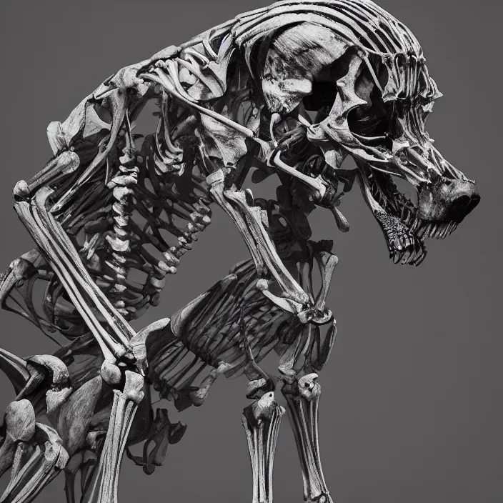 Image similar to belgian malinois, skeleton. intricate artwork. by Tooth Wu, wlop, beeple, dan mumford. octane render, trending on artstation, greg rutkowski, very coherent symmetrical artwork. cinematic, hyper realism, high detail, octane render, 8k, iridescent accents, deep blacks