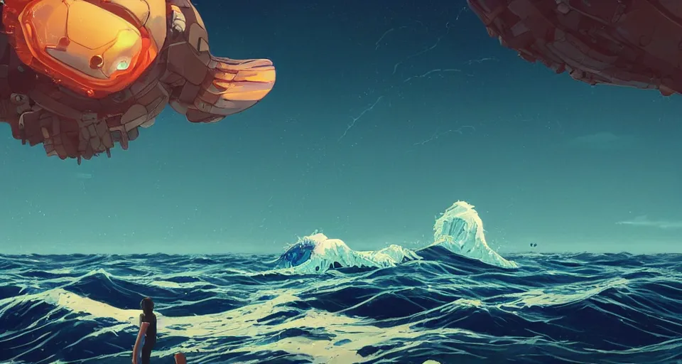 Image similar to A very beautiful serene coastal landscape scene with a GIANT MECHA JELLYFISH looming in the distance, bright sunny waves splashing on the beach, Translucent rendered by simon stålenhag, The Great Wave off Kanagawa, rendered by Beeple, Makoto Shinkai, syd meade, environment concept, digital art, starwars, unreal engine, 3 point perspective, WLOP, trending on artstation, low level, 4K UHD image, octane render,