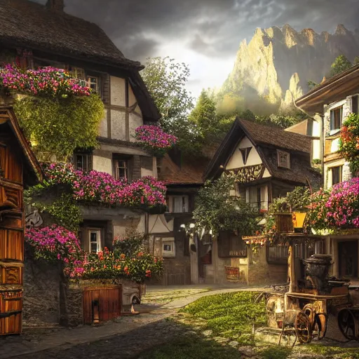 Image similar to a medieval village in switzerland, ornate, beautiful, atmosphere, vibe, flowers, concept art illustration, greg rutowski, volumetric lighting, sunbeams, particles,