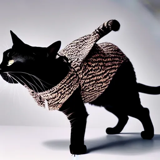 Prompt: cat wearing clothes made by alexander mcqueen