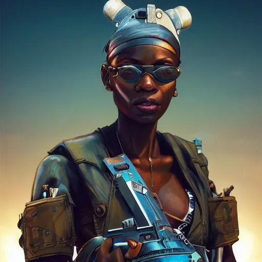 Image similar to african atompunk bounty hunter, science fiction, highly detailed, digital painting, beautiful eyes, symmetry, concept art, sharp focus, illustration, global illumination, radiant light, synthwave colors, detailed and intricate environment, art by artgerm and greg rutkowski and magali villeneuve and ilya kuvshinov!