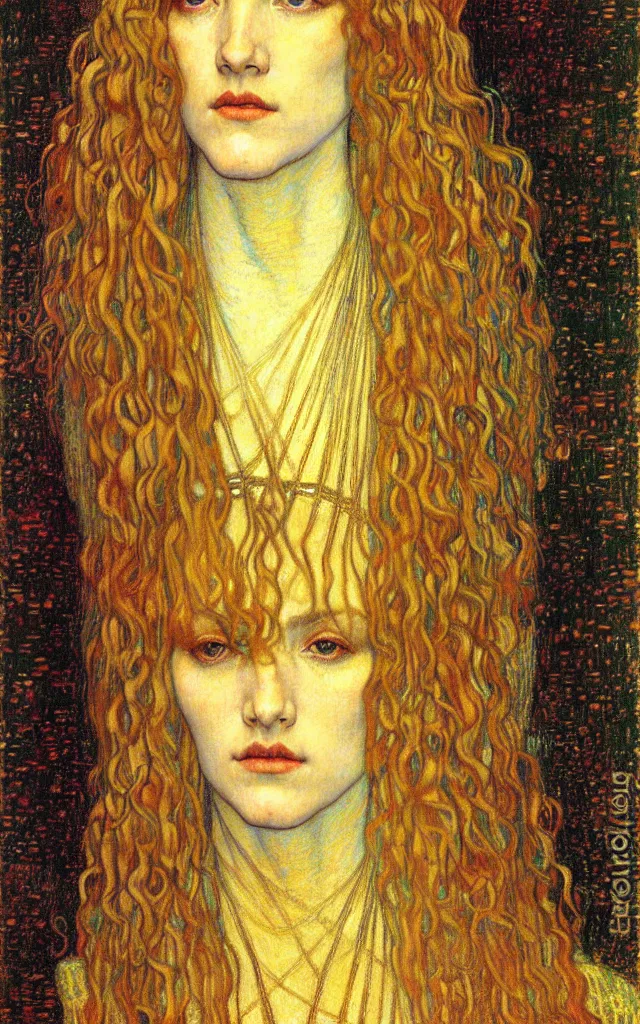 Image similar to detailed realistic beautiful young medieval queen face portrait by jean delville, gustav klimt and vincent van gogh, art nouveau, symbolist, visionary, gothic, pre - raphaelite, muted earthy colors, desaturated