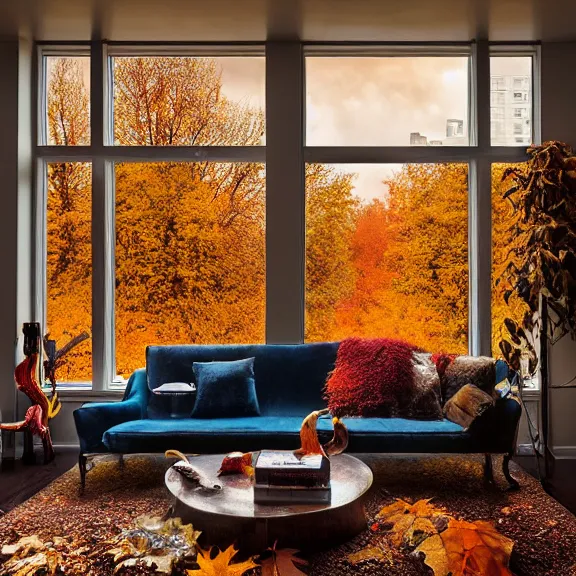 Image similar to fantastical living room with autumn chicago landscape in the window by marc adamus, beautiful dramatic lighting, overgrown with funghi, coat rack with coat hanging off, style by peter deligdisch, peterdraws