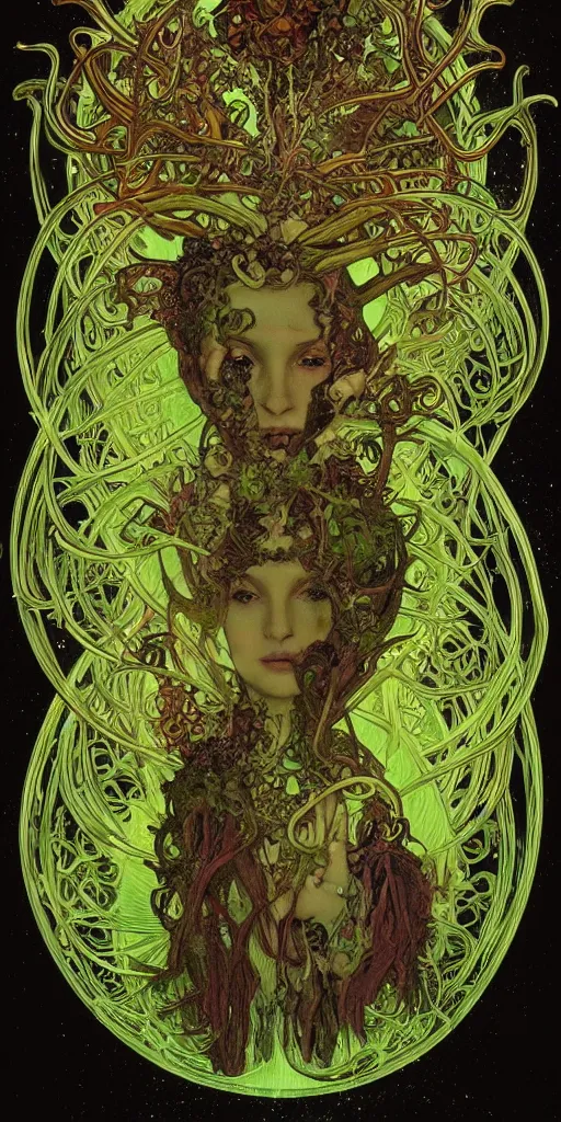 Image similar to intense glowing pagan fungus god with antlers and tentacles and intense glowing eyes and a mossy skull in very dark cosmic space by alphonse mucha and karol bak and h r giger, portrait, fantasy, clear, light beams, lens flare, intense, uhd, amazing depth, cinematic lighting, deep green and black and shining gold