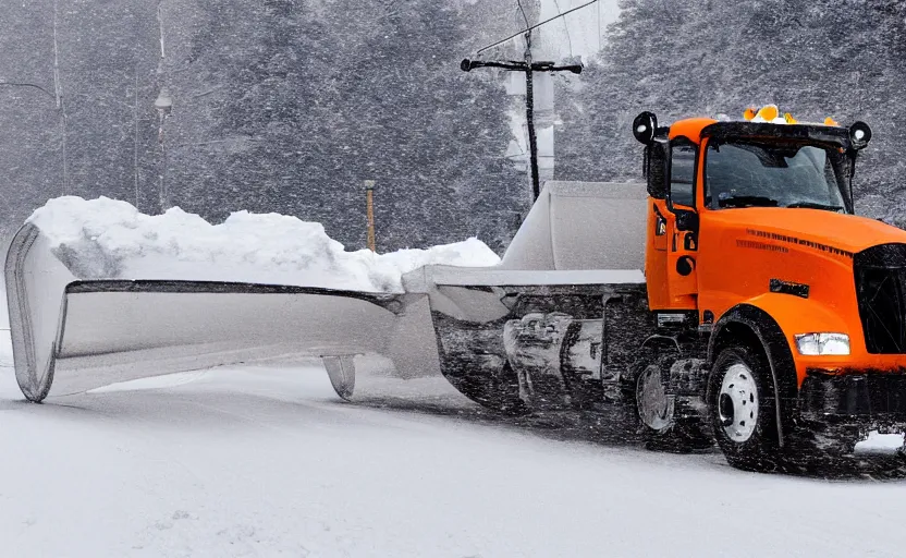 Image similar to A Snowplow with headlines on driving through a snowy landscape with thick snow, blizzard!!, heavy snow falling, digital artwork, high resolution, high detail