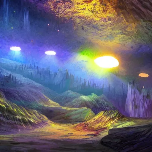 Image similar to a diamond mine, lots of diamonds unearthed, a lights is being reflected all around the dark cave mine, luminous Color’s, concept art.