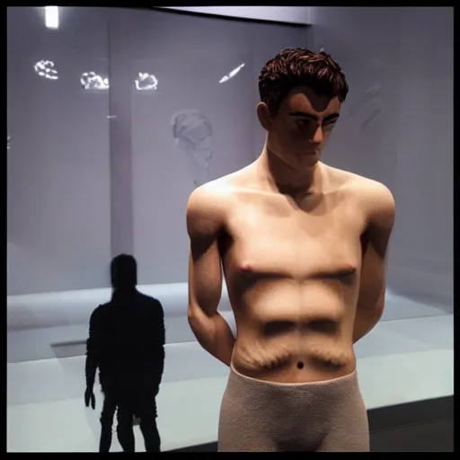 Image similar to “a realistic detailed photo of a guy who is an attractive humanoid who is half robot and half humanoid, who is a male android, British diver Chris Mears, shiny skin, posing like a statue, blank stare, at the museum, on display”