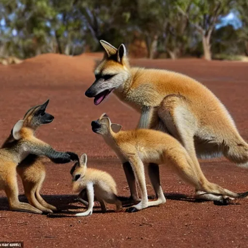 Prompt: baby dingo, baby emu, baby kangaroo, all playing together and eating vegemite sandwiches in a ballpit in the outback