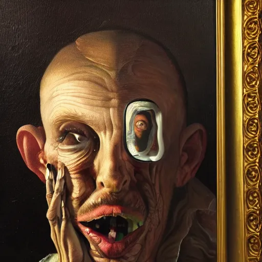 Image similar to Oil painting by Christian Rex Van Minnen and Salvador Dali of a portrait of an extremely bizarre disturbing mutated man with intense chiaroscuro lighting perfect composition