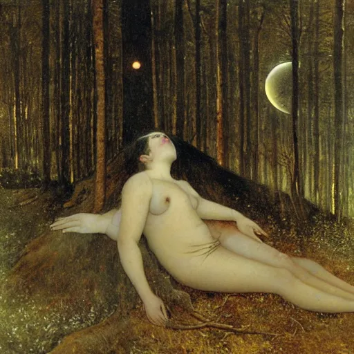 Prompt: a pallid woman's veiled face silhouetted by the moon, a young man on his knees gazing up at the stars as his body slowly disintegrates and rises up into the sky in the middle of a snowy forest, oil painting by arnold bocklin, carlos schwabe, albert bierstatdt