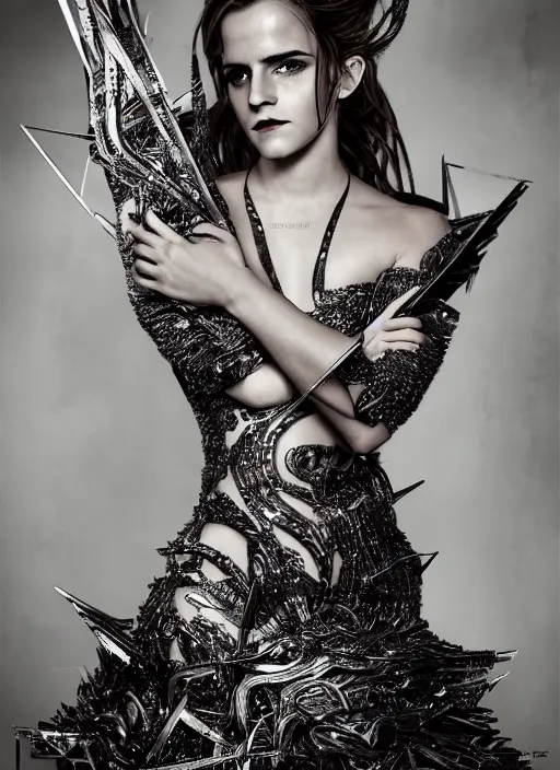 Image similar to expressive full body photo of emma watson, dress made of steel blades, glamour shot, by karol bak, stefan gesell, photorealistic, nikon d 4 x, fashion photography, hyper maximalist, elegant, ornate, luxury, elite, environmental portrait, symmetrical features, octane render, unreal engine, solid dark grey background, dramatic lights