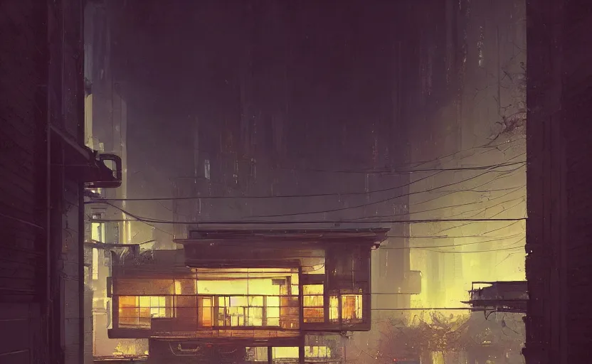 Prompt: An Exterior wide angle shot painting of a cyberpunk architecture House with warmly lit windows and neon lights by Peter zumthor and James Turrell, Greg Rutkowski and Craig Mullins , Dark atmospheric sad and cinematic lighting, Trending on artstation, Archviz, Archdaily, Deezen, Design milk, Architectural visualisation