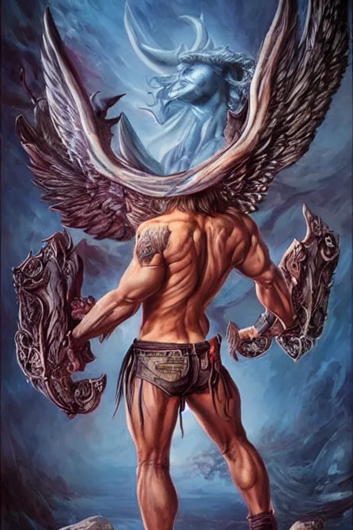 Image similar to Sam Winchester as a muscular angel with demon wings wide open, whole body tattooed with runes and satanic symbols, urban fantasy romance book cover, D&D!, fantasy style, sharp focus!, ultra detailed, art by Artgerm and Peter Andrew Jones, WLUP