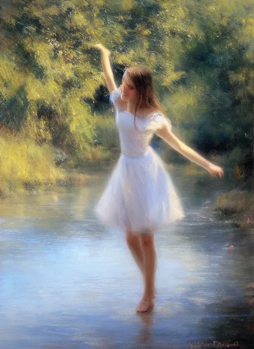 Prompt: There is a tree by the river, a girl wearing a white skirt swinging under the tree, by Vicente Romero Redondo