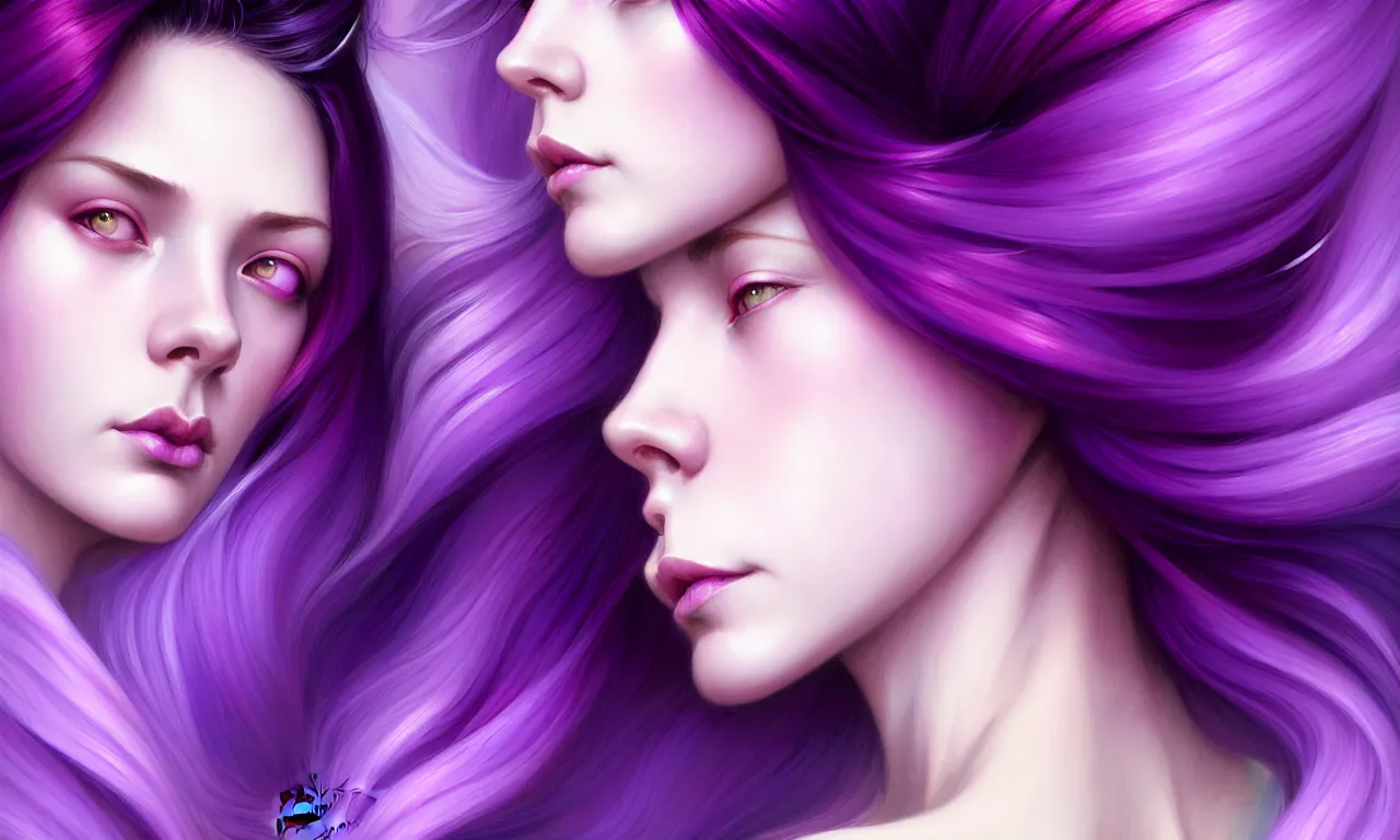 Image similar to Purple hair relistic Portrait of a two woman with bright colored flying hair, all shades of purple. Beauty face, Hair coloring, fantasy, intricate, elegant, highly detailed, digital painting, artstation, concept art, smooth, sharp focus, illustration, art by artgerm and greg rutkowski and alphonse mucha