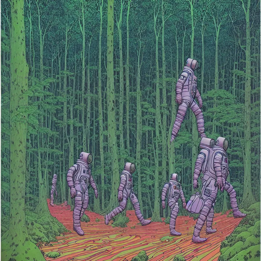 Image similar to ( ( ( ( astronauts walking through a mysterious forest, with decorative frame design ) ) ) ) by mœbius!!!!!!!!!!!!!!!!!!!!!!!!!!!, overdetailed art, colorful, artistic record jacket design