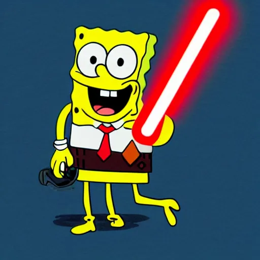 Prompt: spongebob holding a red light saber