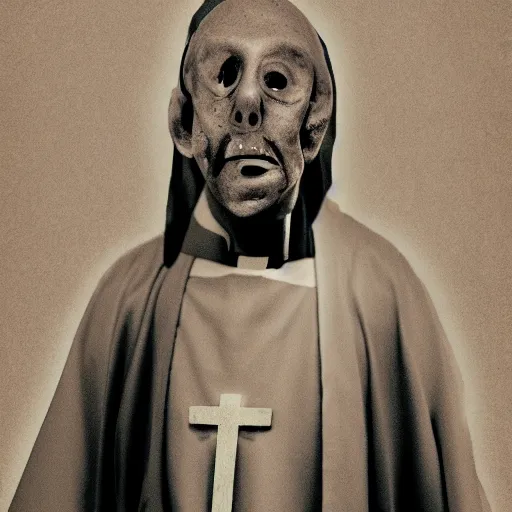 Image similar to a priest with no mouth holding a zombie head, realistic, found footage style, sepia photography