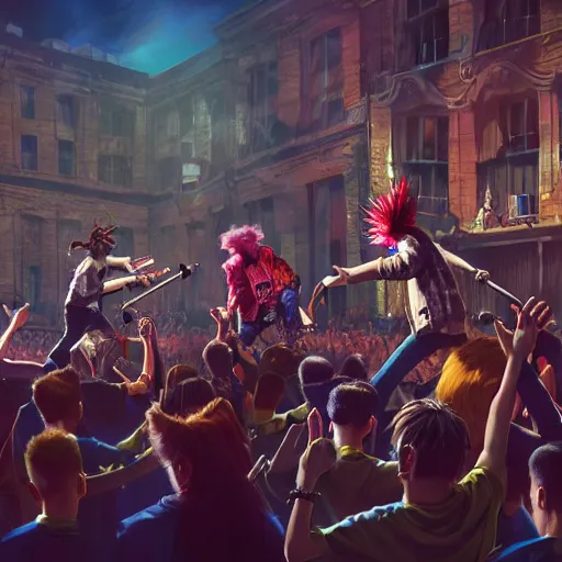 Image similar to 4 punks in school uniform with mohawks stand on stage with guitars and drums and microphones and yell day, foreground fight of ravers and punks, by marc simonetti, tyler edlin, deviantart, ray tracing, octane render, digital art, realistic, high quality, 8 k