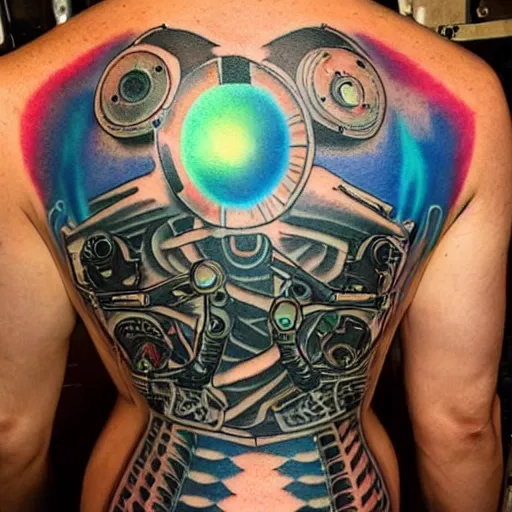 Image similar to backside on the shoulders is a tattoo of a 3 d hole in the skin with multicolored 3 d robotic mechanics and glowing spiral cable hose inside under the skin, insanely integrate,