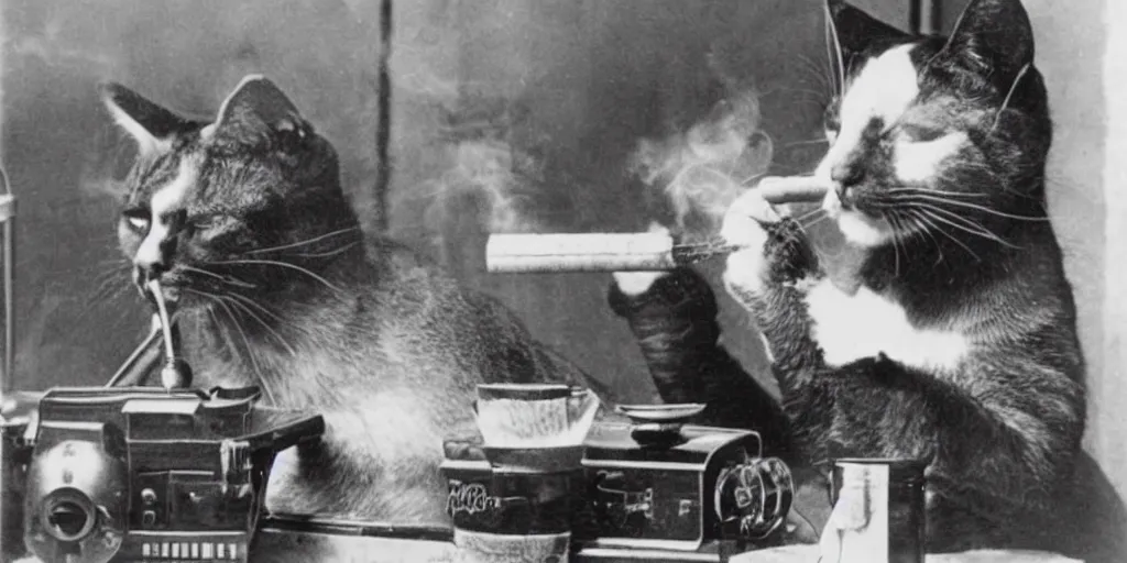 Prompt: a vintage photo from 1890 of a cat smoking a cigar while talking on a rotary phone in a tec support office filled with tools and coffee cups