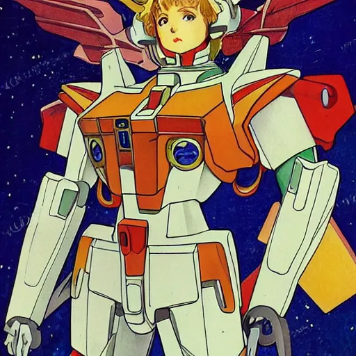 Prompt: anime manga mecha gundam robot astronaught with angel wings portrait by Alphonse Mucha art nuevou