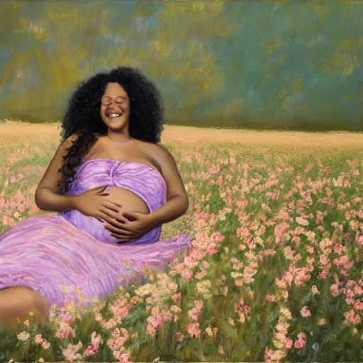 Image similar to pregnant black woman with curly hair in a vast field of flowers, laying down, a tiny black puppy running around, golden hour, vintage, impressionist painting, fine art, oil painting, dreamy, pastel, laughing, happy, intricate details, sharp, peaceful, serene