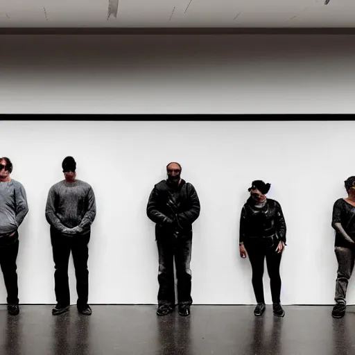 Image similar to suspects lineup in front of white wall facing the camera