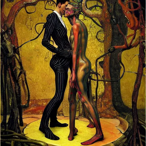 Image similar to two lovers wearing a suit made of nervous system, channeling third eye energy, surrounded by a background of dark cyber mystic garden of earthly delights, midnight hour, painted part by wojciech siudmak, part by ilya repin, part by norman rockwell, part by francis bacon, artstation