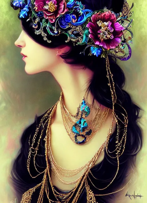 Image similar to beautiful black blue bling bling, complicated jewelry and bling bling flowers in victorian style headwears, dark fantasy, intricate, elegant, highly detailed, digital painting, artstation, highly saturated colors, concept art, matte, 3 d 8 k octane rendered, sharp focus, illustration, octane rendered, art by artgerm and alphonse mucha, leesha hannigan