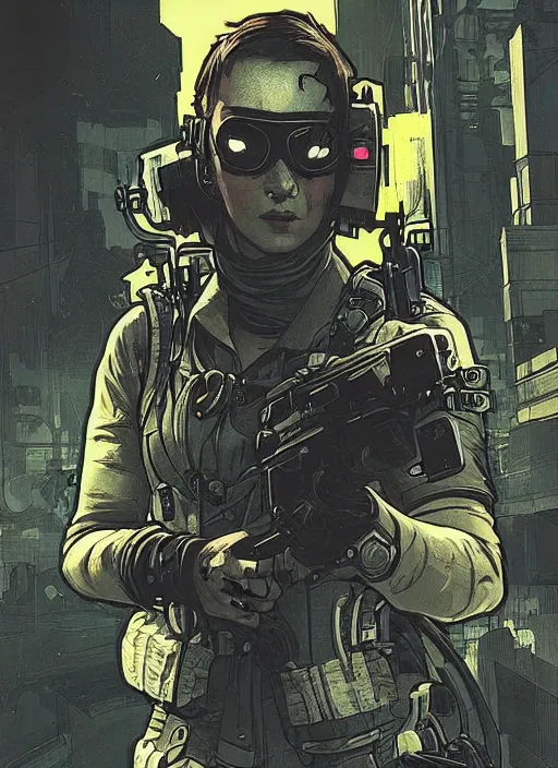 Image similar to cyberpunk blackops spy. night vision. portrait by ashley wood and alphonse mucha and laurie greasley and josan gonzalez and james gurney. spliner cell, apex legends, rb 6 s, hl 2, d & d, cyberpunk 2 0 7 7. realistic face. dystopian setting.