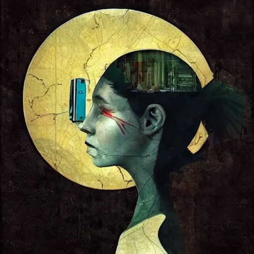 Prompt: a naive woman with a memory that survives the reset of the world, and a small robot bird on her shoulder, collage artwork by dave mckean and esao andrews