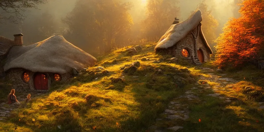 Image similar to a hobbit cottage on top of a steep hill, greg rutkowski, zabrocki, moebius, karlkka, jayison devadas, highly detailed, autumn sunlights, smoky atmosphere, ( ray of sunlight ), trending on artstation, 8 k, ultra wide angle, zenith view, pincushion lens effect