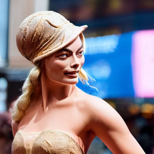 Image similar to extreme long - shot photograph of a renaissance clay sculpture of margot robbie wearing a phrygian cap in times square, made by michelangelo, very detailed, sharp focus, 8 k resolution, ray tracing