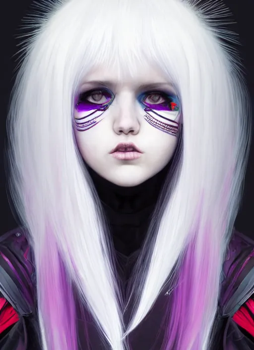 Image similar to hair whitebangs hair, black cyberlox, portrait of normal teenage girl, white bangs, messy bangs, fluffy bangs, cyberlox, whitebangs, red contact lenses, purple background, intricate, elegant, highly detailed, digital painting, artstation, concept art, sharp focus, smooth, illustration, art by wlop, mars ravelo and greg rutkowski