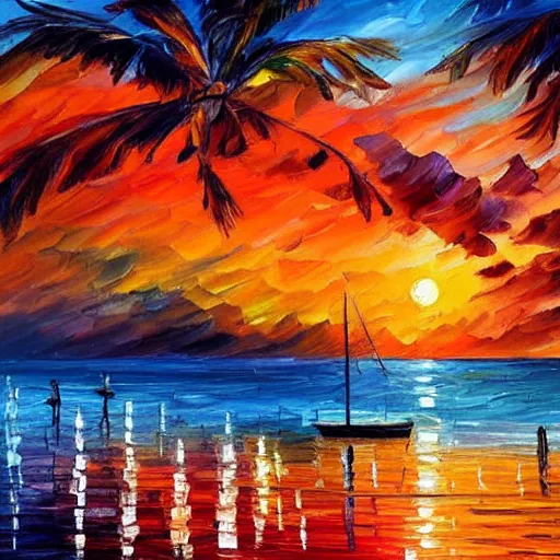 Prompt: sunset on the caribbean bay, by leonid afremov