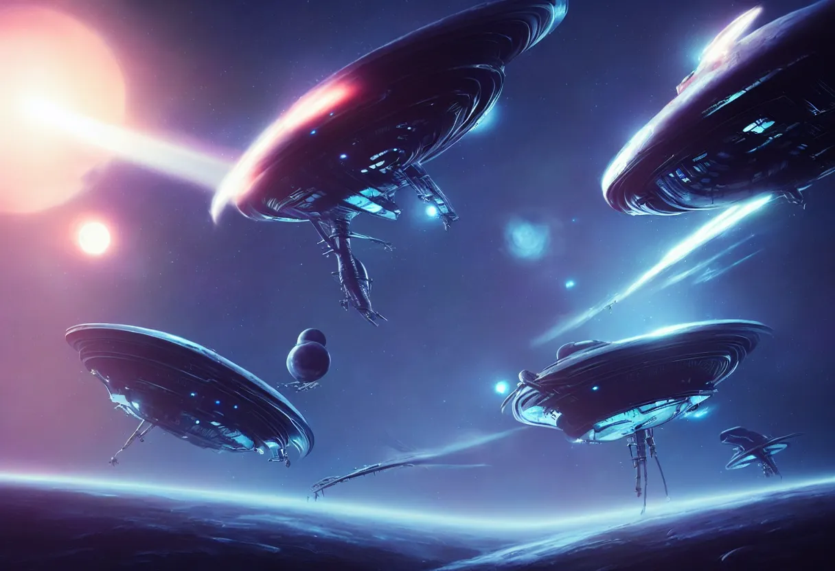 Image similar to alien space ship flying in space, matte painting, beautiful render, octane render, concept art by wlop