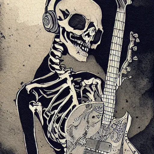 Image similar to skeleton wearing headphones, watching girl playing guitar while her black cat standing next to her, detailed intricate ink illustration, dark atmosphere, detailed illustration, hd, 4k, digital art, overdetailed art, by greg rutkowski, by loish, complementing colors, Trending on artstation