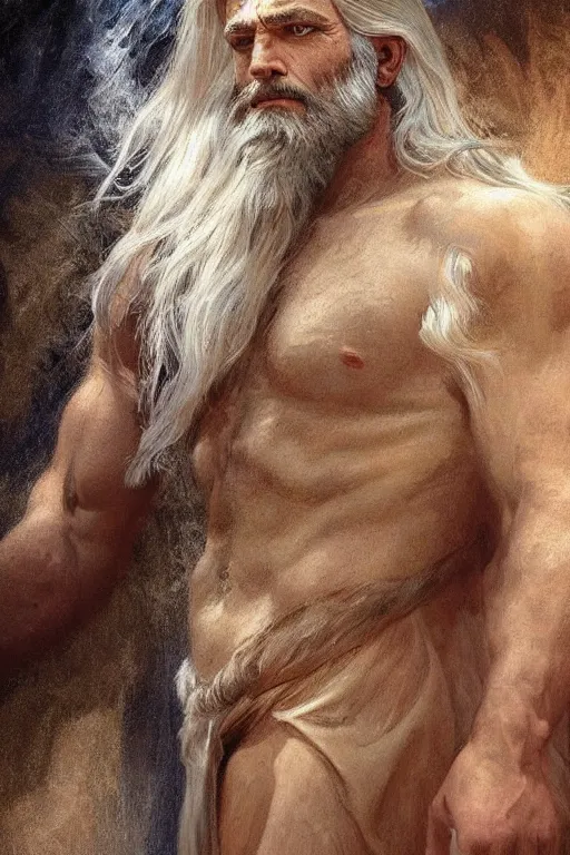 Image similar to painted portrait of rugged zeus, god of thunder, greek god, white hair, masculine, mature, handsome, upper body, flowy robe, muscular, hairy torso, fantasy, intricate, elegant, highly detailed, digital painting, artstation, concept art, smooth, sharp focus, illustration, art by gaston bussiere and alphonse mucha