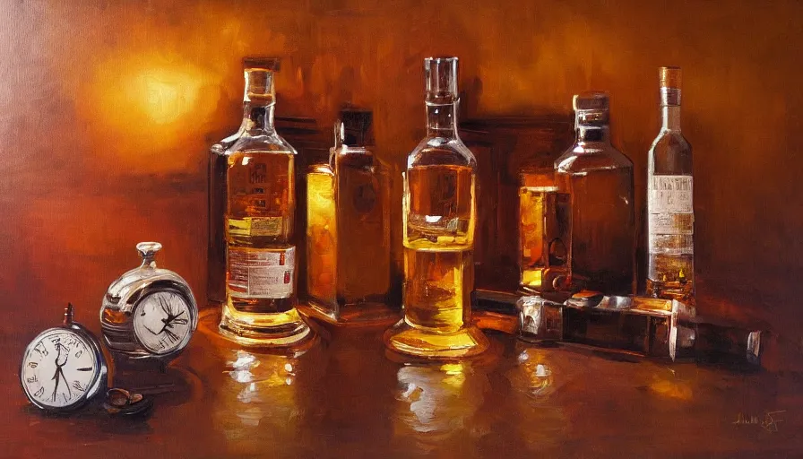 Image similar to clocks, time, whisky, oil painting by jama jurabaev, brush hard, artstation, high quality, brush stroke