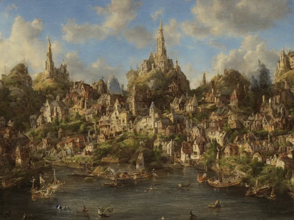 Image similar to a small fantasy village, viewed from the harbor, by jean - baptist monge,