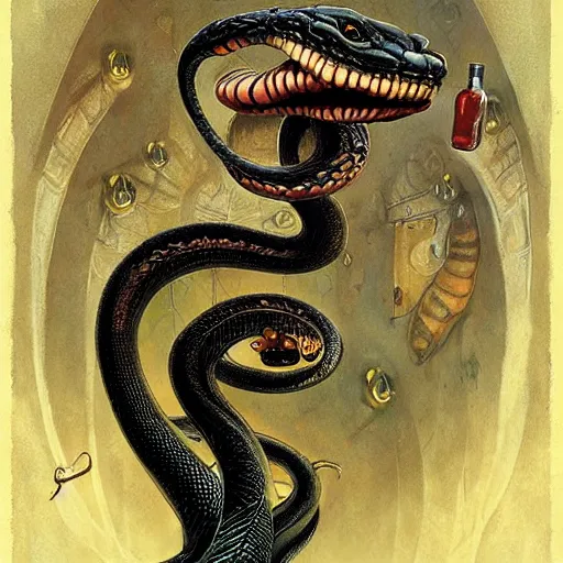 Image similar to a grinning anthropomorphic snake selling bottles of medicine, fantasy, steampunk, dave mckean, hr giger, peter mohrbacher, wayne barlowe