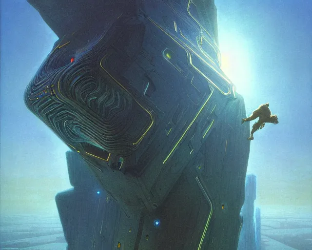 Image similar to a man falling into a tesseract, sci - fi, cyberpunk, dune movie, ridley scott, denis villeneuve, painted by zdzislaw beksinski and artgerm and greg rutkowski and alphonse mucha