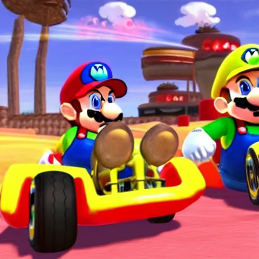Prompt: Walter White and Jesse Pinkman in Mario Kart 8