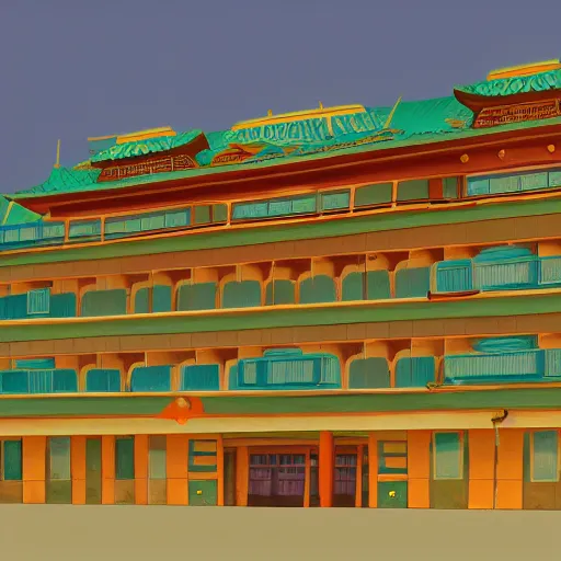 Prompt: a hotel that looks like the bathhouse in spirited away, in the style of Keen Art on ArtStation, 4k,