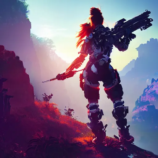 Image similar to cyber swat warrior of horizon forbidden west horizon zero dawn bioluminiscence global illumination ray tracing hdr fanart arstation by ian pesty and alena aenami artworks